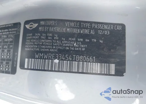 2004 Mini Cooper S from USA, damaged, VIN WMWRE33454TD80661